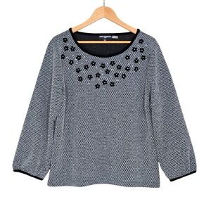Karl Lagerfeld Paris Floral Pearl Embellished Knit Top Black White Large